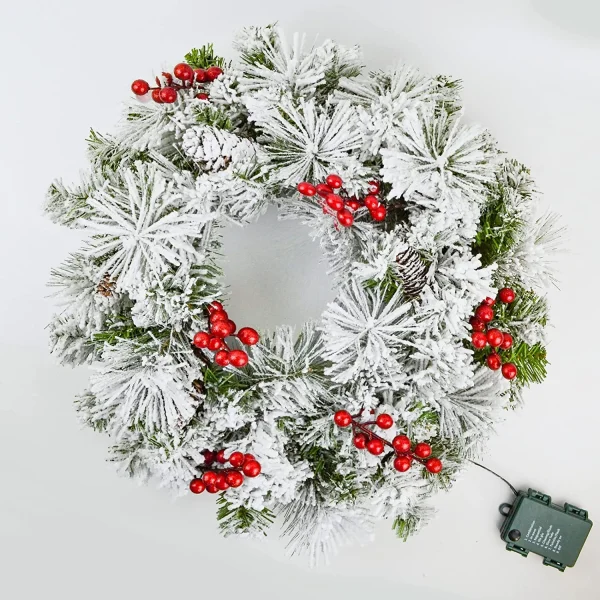 Christmas Wreath Flocked With LED Lights 20in 2 Christmas Wreath Flocked With LED Lights 20in - Image 2
