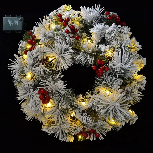 Christmas Wreath Flocked With LED Lights 20in 3 Christmas Wreath Flocked With LED Lights 20in - Image 3