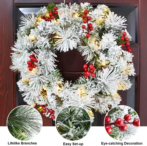 Christmas Wreath Flocked With LED Lights 20in 4 Christmas Wreath Flocked With LED Lights 20in - Image 4