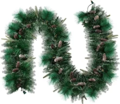 50 Warm White Pre Lit Cone Flocked Christmas Garland 9ft -Holiday Decor Store 9ft Christmas Flocked Garland Cone 3 result 600x523 1