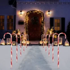 12pcs Thick Red And White Candy Cane Pathway Lights 28in