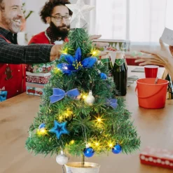DIY Blue Small Tabletop Christmas Tree With LED Lights 24 In