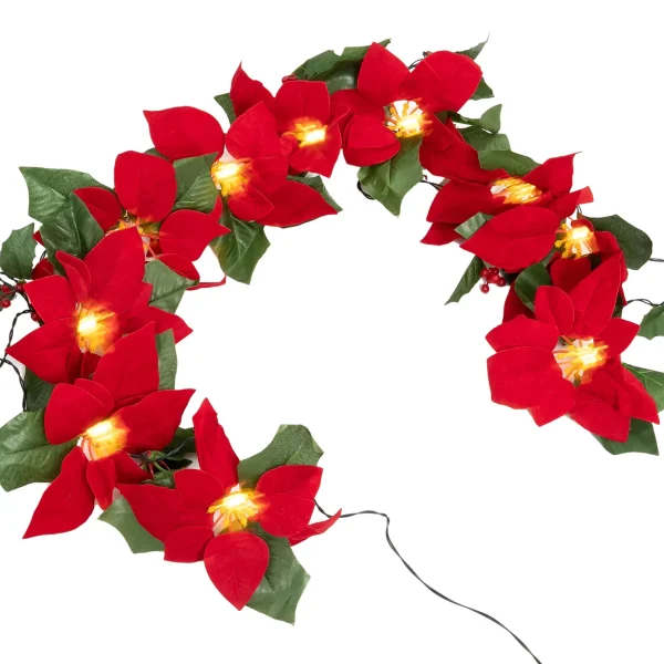 Pre Lit Velvet Silk Poinsettia Garland With Red Berries 6ft 1 Pre Lit Velvet Silk Poinsettia Garland With Red Berries 6ft