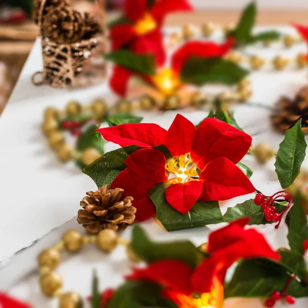 Pre Lit Velvet Silk Poinsettia Garland With Red Berries 6ft 2 Pre Lit Velvet Silk Poinsettia Garland With Red Berries 6ft - Image 2