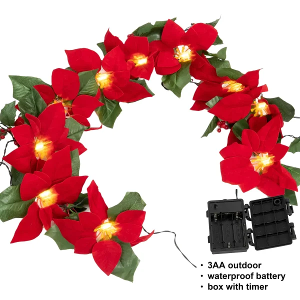 Pre Lit Velvet Silk Poinsettia Garland With Red Berries 6ft 3 Pre Lit Velvet Silk Poinsettia Garland With Red Berries 6ft - Image 3
