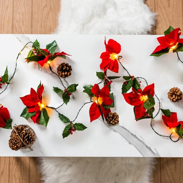 Pre Lit Velvet Silk Poinsettia Garland With Red Berries 6ft 5 Pre Lit Velvet Silk Poinsettia Garland With Red Berries 6ft - Image 5