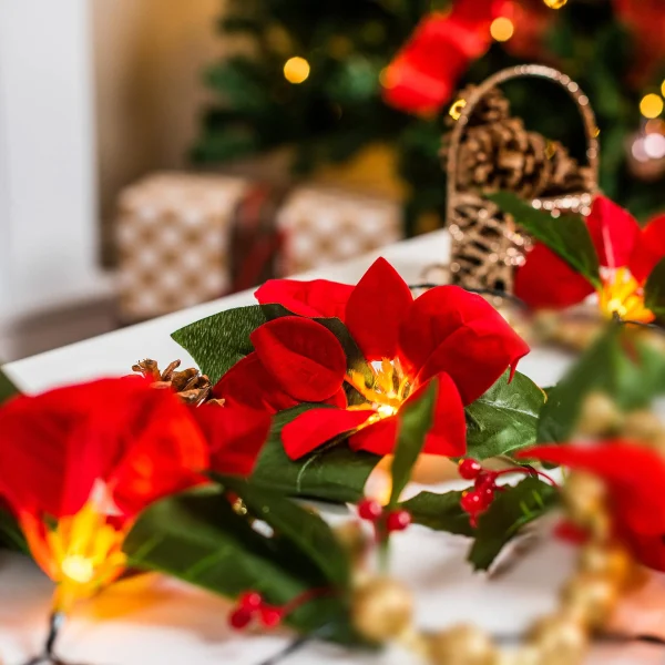Pre Lit Velvet Silk Poinsettia Garland With Red Berries 6ft 6 Pre Lit Velvet Silk Poinsettia Garland With Red Berries 6ft - Image 6