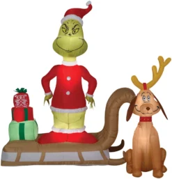 72" Tall Lighted Air Blown Airblown-Grinch Max In Sleigh Grinch Inflatable Christmas Dr Seuss Yard Decor Outdoor Decoration